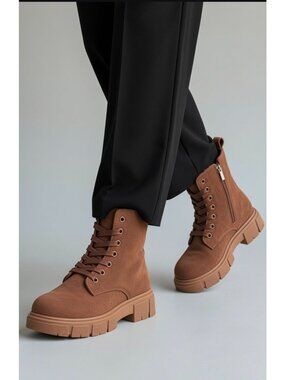 Brown Suede Lace-Up Combat Boots Chunky Lug Sole Side Zip